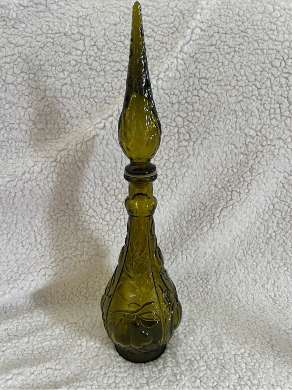 Italian Empoli Green Glass Genie Bottle Decanter With Stopper Wine Fruit Pears